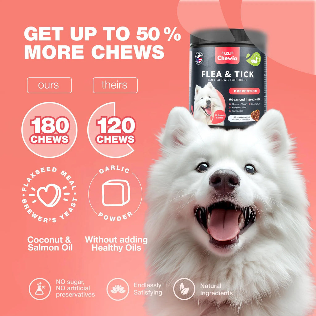 Chewia Flea & Tick Soft Chews for Dogs – Natural Prevention, Itch Relief & Immune Support (180 Chews)