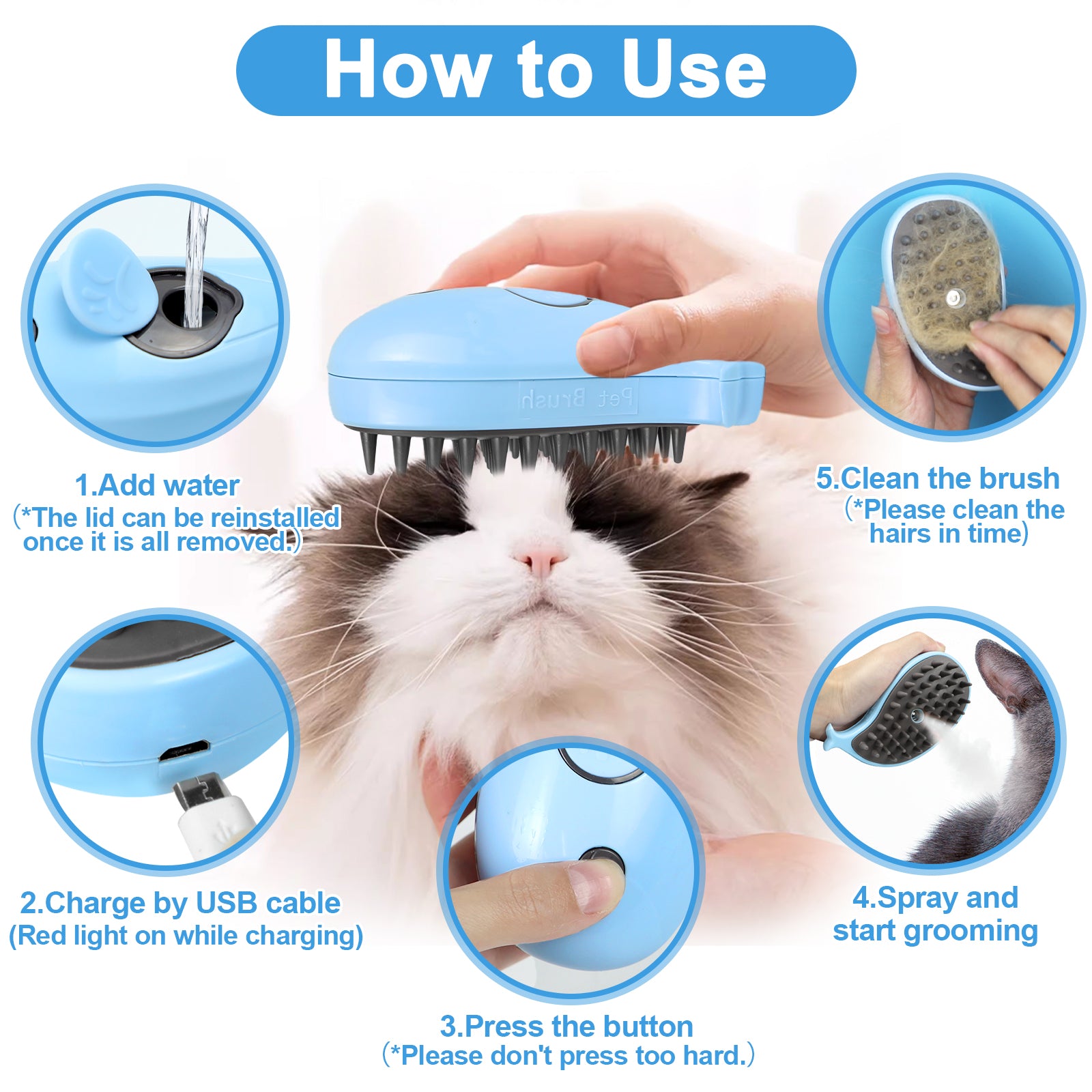 Cat Steam Brush For Shedding - Steamy Cat Brush For Indoor Cats, Cat Hair Steam Brush For Massage
