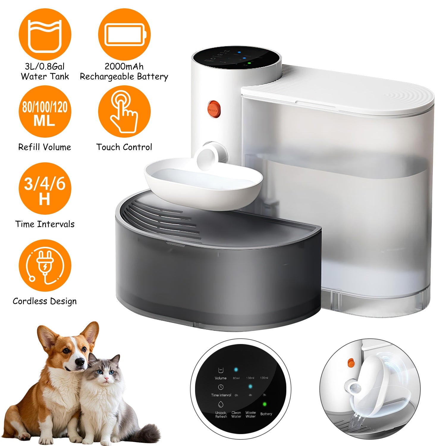 1Pc Smart Pet Water Fountain Automatic Cat Water Dispenser 3L Cordless Rechargeable Dog Water Fountain Self-Refill